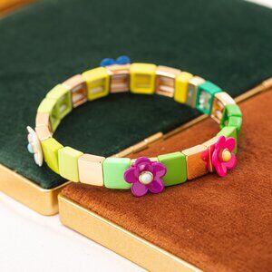 Roxanne Assoulin Gold Garden Variety Flower Grass Colorful Enamel Stretch Bracel